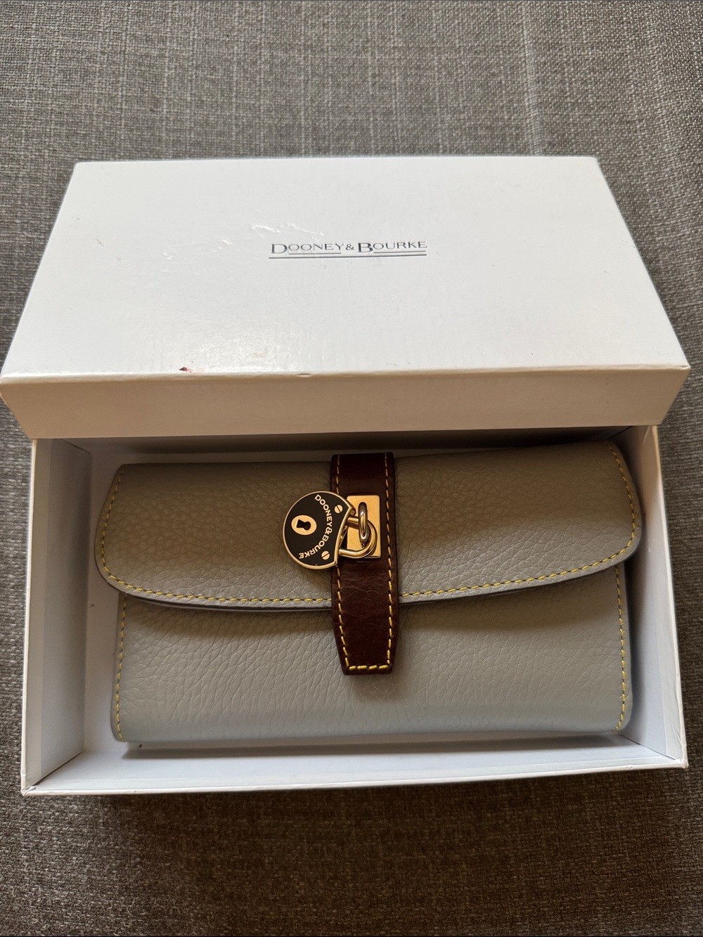 Dooney & Bourke Gray Leather Wallet with Brown Strap and Gold Hardware